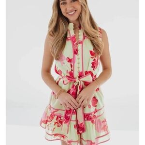 Floral Midi Dress in Green and Pink